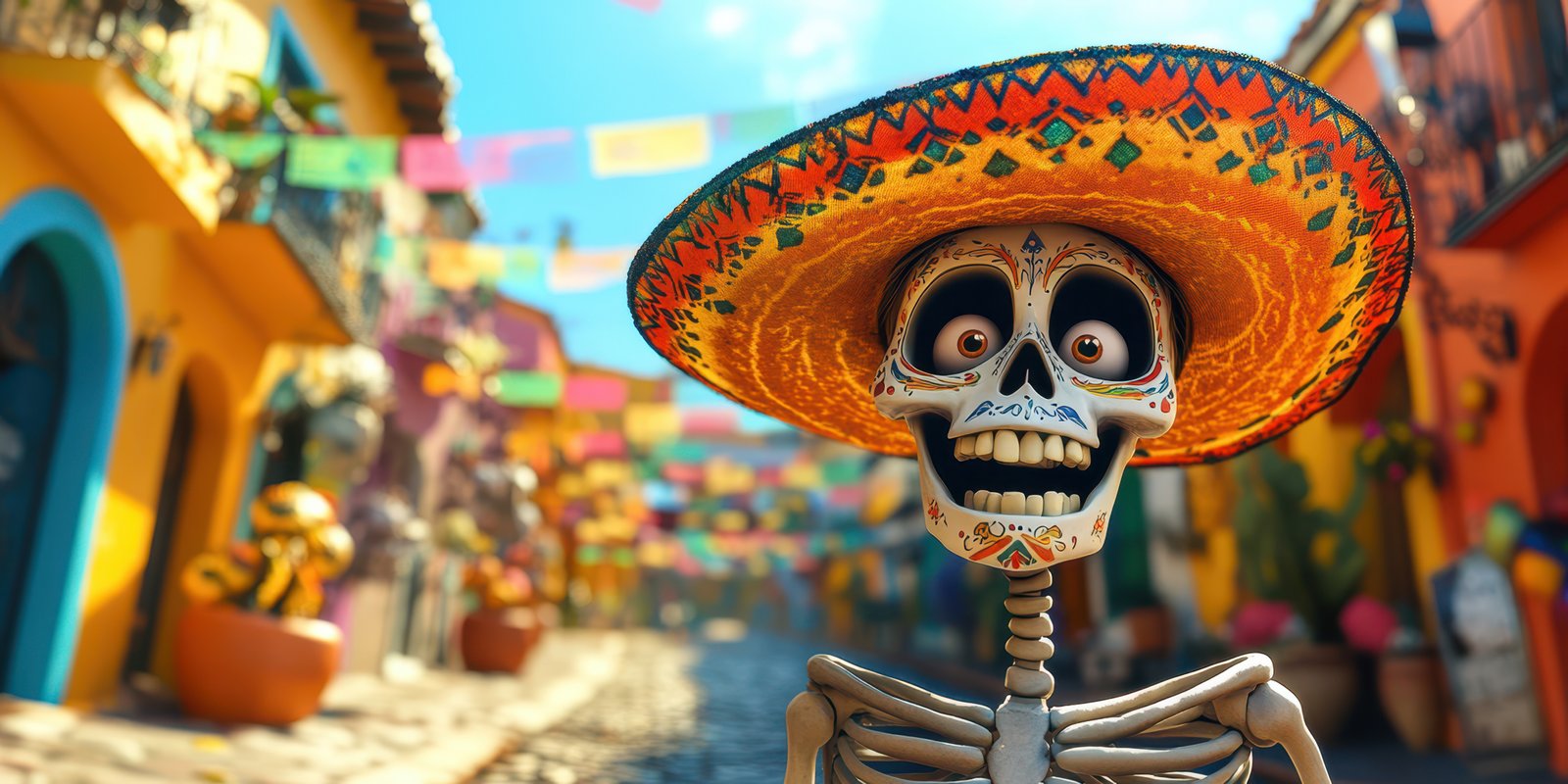 Colorful street adorned with vibrant decorations and a cheerful skeleton wearing a large sombrero during a festive celebration